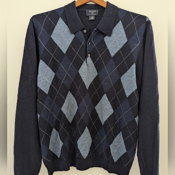 Brooks Brothers Lana Fine Merino Argyle Sweater MEN'S L Collar Italian Woo Navy - Picture 2 of 8